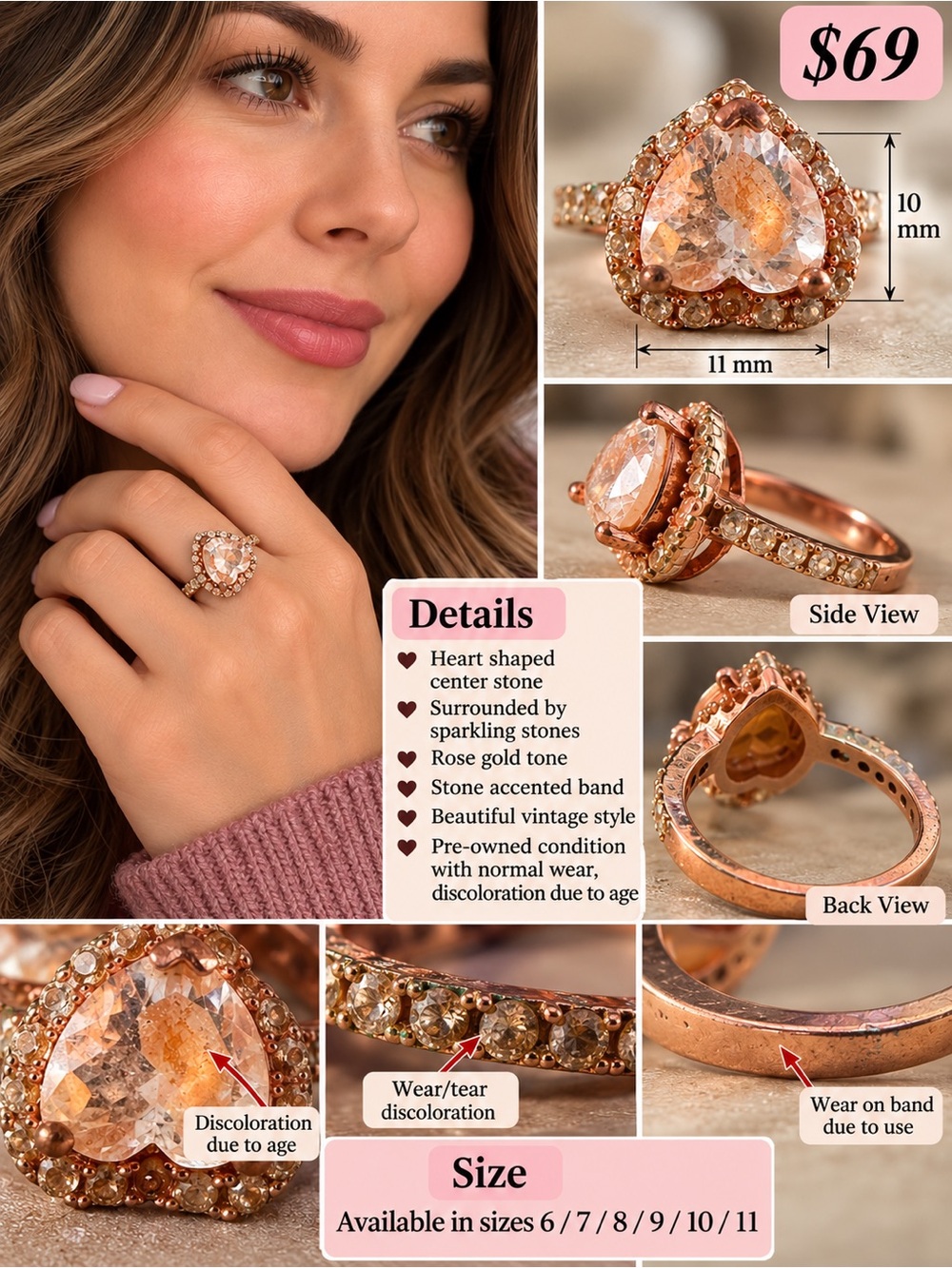 Rose Gold Heart Halo Ring with Peach Center Stone - Women Jewelry